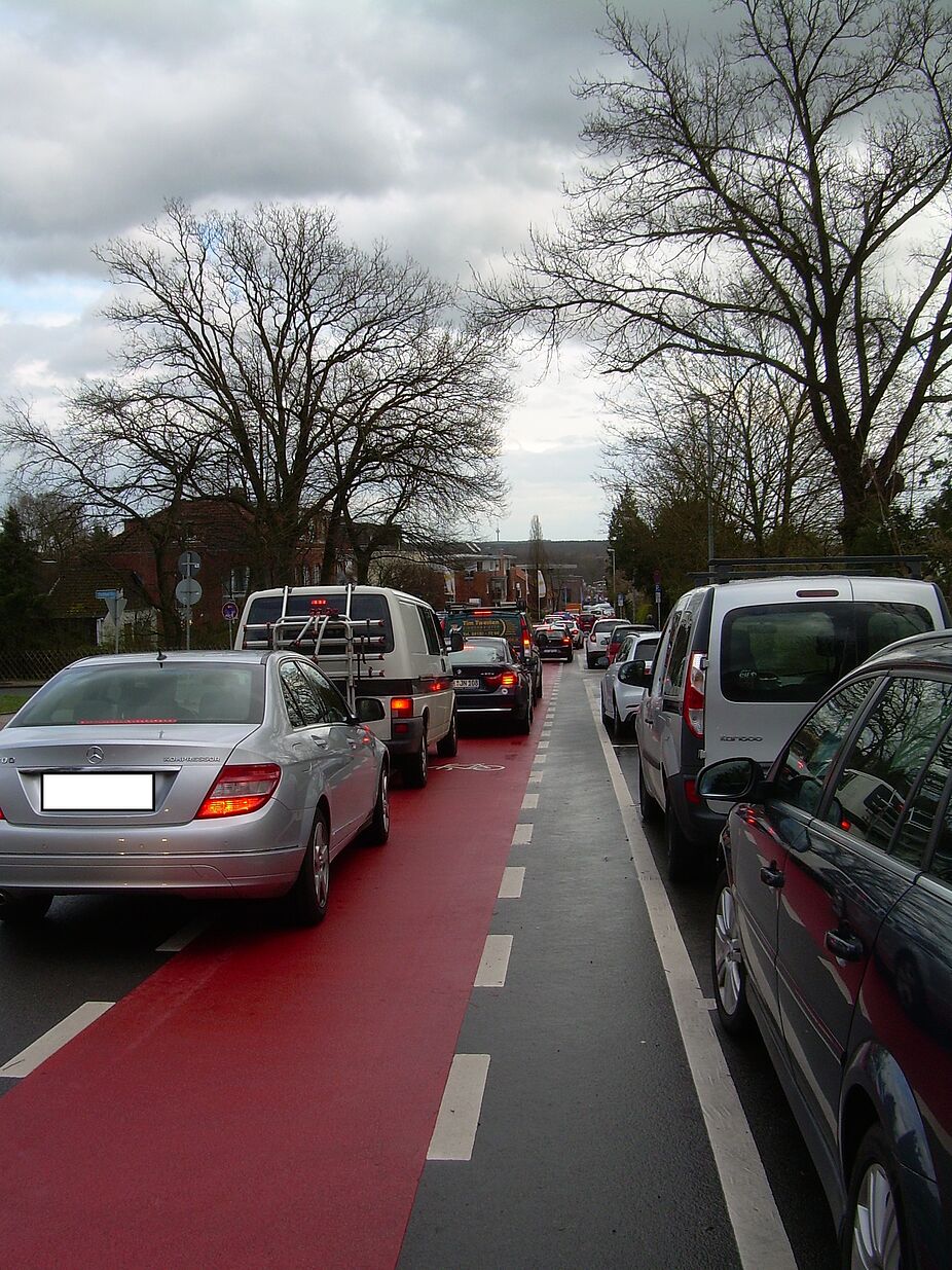 Autofahrer blockieren durchgängig den Schutzstreifen Radschutzstreifen Moldenweg - Gefahrenquelle statt Schutz